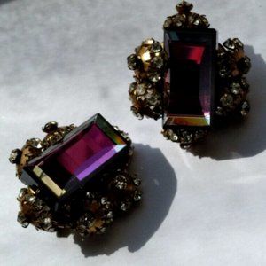 Vintage Hattie Carnegie Purple Crystal in Brass & Rhinestones Clip on Earrings
